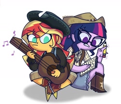 Size: 1728x1478 | Tagged: safe, artist:psychodiamondstar, character:sunset shimmer, character:twilight sparkle, character:twilight sparkle (scitwi), species:eqg human, my little pony:equestria girls, boots, clothing, cowboy boots, cowboy hat, cowgirl, female, glasses, guitar, hat, shoes, simple background, stetson, writing