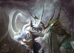 Size: 2198x1578 | Tagged: safe, artist:begasus, character:nightmare moon, character:princess luna, character:queen chrysalis, species:pony, ship:chrysmoon, armor, female, lesbian, mare, shipping, smiling