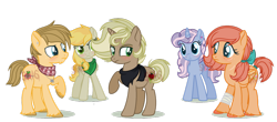 Size: 1024x451 | Tagged: safe, artist:superrosey16, base used, oc, oc only, oc:apple muffin, oc:candy apple, oc:johnny appleseed, oc:party popper, oc:sweet apple, parent:applejack, parent:big macintosh, parent:braeburn, parent:caramel, parent:derpy hooves, parent:fluttershy, parent:mean applejack, parent:pinkie pie, parent:pokey pierce, parent:queen chrysalis, parents:carajack, parents:chrysajack, parents:derpyburn, parents:fluttermac, parents:pokeypie, species:earth pony, species:pony, species:unicorn, disguise, disguised changeling, female, male, mare, offspring, simple background, stallion, transparent background