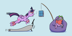 Size: 3600x1800 | Tagged: safe, artist:soulfulmirror, character:spike, character:twilight sparkle, character:twilight sparkle (alicorn), species:alicorn, species:dragon, species:pony, blue background, book, carrot on a stick, couch, duo, female, headband, leg warmers, male, mare, simple background, sweat, sweatband, that pony sure does love books, treadmill, workout