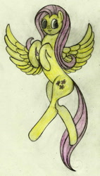 Size: 765x1348 | Tagged: safe, artist:mfg637, character:fluttershy, female, flying, simple background, solo, traditional art
