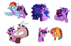 Size: 2296x1494 | Tagged: safe, artist:saphi-boo, character:discord, character:princess luna, character:rainbow dash, character:sunburst, character:tempest shadow, character:twilight sparkle, character:twilight sparkle (alicorn), species:alicorn, species:draconequus, species:pegasus, species:pony, species:unicorn, ship:discolight, ship:tempestlight, ship:twiburst, ship:twidash, ship:twiluna, bisexual, blushing, female, lesbian, magic, male, shipping, simple background, straight, telekinesis, transparent background, twilight sparkle gets all the mares, twilight sparkle gets all the stallions
