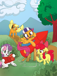 Size: 1125x1496 | Tagged: safe, artist:xsidera, character:apple bloom, character:applejack, character:scootaloo, character:sweetie belle, species:pegasus, species:pony, cutie mark crusaders, female, filly, mare, rocket, this will end in tears and/or death and/or covered in tree sap