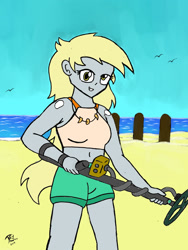 Size: 2344x3125 | Tagged: safe, artist:brekrofmadness, character:derpy hooves, my little pony:equestria girls, belly button, clothing, female, metal detector, midriff, solo, swimsuit, traditional art