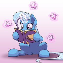 Size: 2000x2000 | Tagged: safe, artist:ohemo, character:trixie, species:pony, species:unicorn, book, cup, cute, diatrixes, female, glowing horn, gradient background, magic, mare, reading, teacup, that pony sure does love teacups