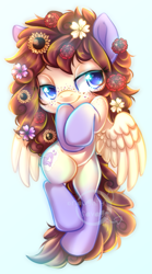 Size: 511x919 | Tagged: safe, artist:cabbage-arts, oc, oc only, oc:sweet lullaby, species:pegasus, species:pony, blue eyes, cute, flower, flower in hair, long mane, mane, on back, simple background, solo, wings