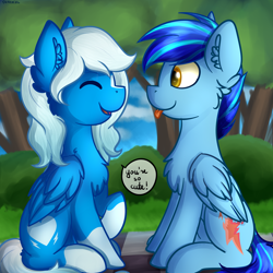 Size: 2000x2000 | Tagged: safe, artist:deraniel, oc, oc only, oc:arctic breeze, oc:stratosphere, species:pegasus, species:pony, blanket, chest fluff, cute, dialogue, eyes closed, female, grass, happy, male, outdoors, sky, smiling, speech bubble, tongue out, tree