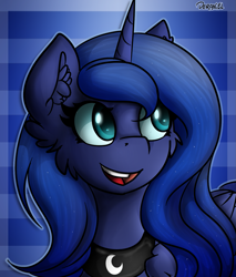 Size: 1155x1354 | Tagged: safe, artist:deraniel, character:princess luna, species:alicorn, species:pony, bust, cheek fluff, colored pupils, cute, ear fluff, female, fluffy, hair over one eye, happy, mare, portrait, signature, smiling, solo