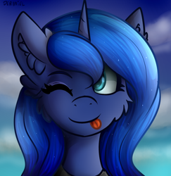 Size: 1030x1060 | Tagged: safe, artist:deraniel, character:princess luna, species:alicorn, species:pony, ;p, blep, bust, cute, ear fluff, female, fluffy, mare, one eye closed, silly, smiling, solo, tongue out, wink
