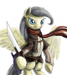 Size: 1500x1688 | Tagged: safe, artist:dahtamnay, oc, oc only, species:pegasus, species:pony, attack on titan, clothing, female, mare, mikasa ackerman, scarf, simple background, solo, sword, traditional art, weapon, white background