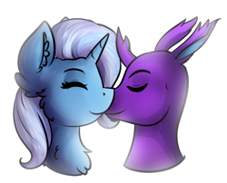 Size: 1226x989 | Tagged: safe, artist:deraniel, character:trixie, oc, oc:teräsirppi, species:changeling, species:pony, species:reformed changeling, species:unicorn, bust, changedling oc, changeling oc, duo, fluffy, kissing, requested art, simple background