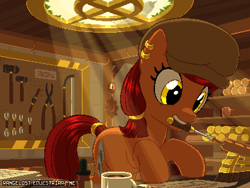 Size: 800x600 | Tagged: safe, artist:rangelost, oc, oc only, oc:brass bolts, species:pony, species:unicorn, clothing, coffee, colored, crepuscular rays, cutie mark, daybreak island, detailed background, ear piercing, earring, female, gears, hairband, hat, jewelry, mare, mouth hold, piercing, pixel art, screwdriver, solo, tail band, tools, workshop