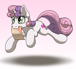 Size: 2000x1800 | Tagged: safe, artist:ohemo, character:sweetie belle, species:pony, species:unicorn, newbie artist training grounds, a+, atg 2018, cutie mark, female, filly, grades, gradient background, leaping, mouth hold, paper, report card, solo, the cmc's cutie marks, trotting