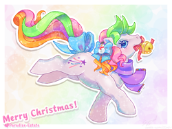 Size: 1088x820 | Tagged: safe, artist:conphettey, oc, oc:baby glitter wishes, oc:glitter wishes, species:earth pony, species:pony, g1, abstract background, bell, bootleg, bow, christmas, clothing, color porn, hair bow, hair ornament, holiday, hqg1c, merry christmas, scarf, simple background, solo, tail bow