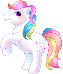 Size: 540x639 | Tagged: safe, alternate version, artist:conphettey, species:earth pony, species:pony, g1, confetti (g1), female, rainbow hair, rearing, simple background, solo, transparent background
