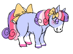 Size: 424x319 | Tagged: safe, artist:conphettey, character:sweet stuff, species:earth pony, species:pony, g1, bow, coat markings, cute, female, hair bow, hoers, mare, missing cutie mark, simple background, socks (coat marking), solo, sweet sweet stuff, tail bow, white background
