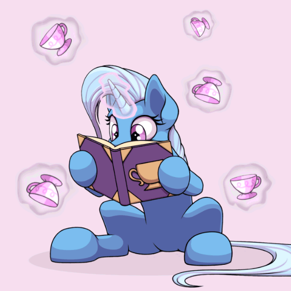Size: 600x600 | Tagged: safe, artist:ohemo, artist:szafir87, character:trixie, species:pony, species:unicorn, animated, book, circling teacups, cup, cute, diatrixes, female, gif, glowing horn, magic, mare, pink background, reading, simple background, sitting, solo, szafir87 is trying to murder us, teacup, telekinesis, that pony sure does love teacups