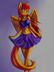 Size: 900x1200 | Tagged: safe, artist:derpifecalus, oc, oc only, oc:aurie startrail, species:anthro, species:pony, beautiful, belly button, clothing, female, folded wings, mare, midriff, panties, red hair, see-through, see-through skirt, skirt, tail, underwear, white underwear, wings, ych result