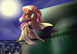Size: 1000x712 | Tagged: safe, artist:cabbage-arts, character:sunset shimmer, species:pony, species:unicorn, building, city, clothing, commission, crossover, dress, female, mission impossible, moon, roof, rooftop, solo