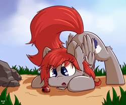 Size: 2131x1783 | Tagged: safe, artist:rivibaes, oc, oc only, oc:jetlag, species:pegasus, species:pony, commission, digital art, eye clipping through hair, face down ass up, female, insect, ladybug, looking down, mare, red hair, red mane, red tail, signature, solo, ych result