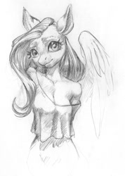 Size: 913x1280 | Tagged: safe, artist:kelpiemoonknives, character:fluttershy, species:anthro, species:pegasus, species:pony, clothing, female, shirt, solo, traditional art