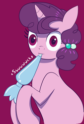 Size: 1692x2500 | Tagged: safe, artist:feralroku, character:sugar belle, species:pony, female, i can explain, icing bag, looking at you, mouth hold, purple background, simple background, solo, sound effects, sucking