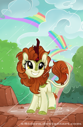 Size: 2342x3581 | Tagged: safe, artist:xsidera, character:autumn blaze, species:kirin, species:pony, episode:sounds of silence, g4, my little pony: friendship is magic, awwtumn blaze, cloud, cloudy, cloven hooves, cute, featured on derpibooru, female, fluffy, fluffy mane, forest, grin, leonine tail, looking at something, looking up, mare, mountain, rain, rainbow, rock, scene interpretation, scenery, signature, smiling, song, squee, tree, weapons-grade cute, xsidera is trying to murder us