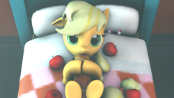 Size: 1920x1080 | Tagged: safe, artist:spinostud, character:applejack, species:pony, 3d, apple, baguette, bread, female, food, misleading thumbnail, on back, solo