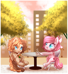 Size: 800x875 | Tagged: safe, artist:cabbage-arts, oc, cafe, chair, cup, duo, table, tree