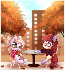 Size: 800x875 | Tagged: safe, artist:cabbage-arts, oc, oc only, oc:sweet lullaby, unnamed oc, species:pony, autumn, coffee, commission, cute, drinking, female, gradient hooves, mare, ocbetes, smiling, ych result