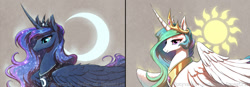 Size: 1440x500 | Tagged: safe, artist:begasus, character:princess celestia, character:princess luna, species:alicorn, species:pony, curved horn, female, horn, mare, moon, ponyvania, sun