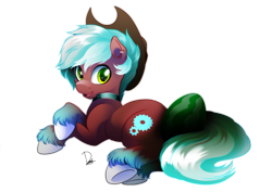 Size: 3507x2480 | Tagged: safe, artist:dormin-dim, oc, oc only, oc:loco, species:earth pony, species:pony, clothing, collar, commission, cowboy hat, digital art, ear piercing, female, food, fruit, green eyes, hat, high res, looking at you, mare, open mouth, piercing, signature, simple background, smiling, solo, transparent background, underhoof, unshorn fetlocks, watermelon
