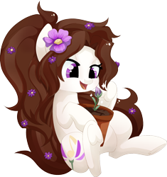 Size: 1560x1662 | Tagged: safe, artist:xsidera, oc, oc only, oc:violet aria, species:earth pony, species:pony, female, flower, flower in hair, mare, open mouth, plant, pot, simple background, solo, transparent background