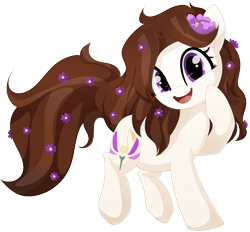 Size: 1675x1552 | Tagged: safe, artist:xsidera, oc, oc only, oc:violet aria, species:earth pony, species:pony, cute, female, flower, flower in hair, happy, looking at you, mare, open mouth, simple background, solo, transparent background