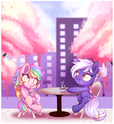 Size: 800x875 | Tagged: safe, artist:cabbage-arts, oc, oc only, oc:moon sugar, oc:paper stars, species:bat pony, species:pony, amputee, bandage, bat pony oc, cup, cute, food, milkshake, missing limb, open mouth, smiling, table, tea, teacup, ych result