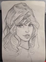Size: 864x1152 | Tagged: safe, artist:sunset tide, character:sunset shimmer, species:human, bust, elf ears, female, grayscale, humanized, monochrome, pencil drawing, portrait, solo, traditional art, unicorns as elves