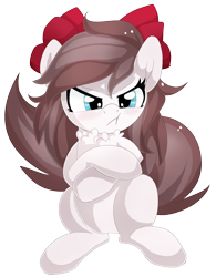Size: 1200x1538 | Tagged: safe, artist:xsidera, oc, oc only, oc:aurelia freefeather, species:pegasus, species:pony, blushing, bow, chest fluff, clothing, commission, cute, female, fluffy, fluffy mane, fluffy tail, frown, grumpy, hair bow, mare, simple background, sitting, solo, transparent background, tsundere