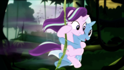 Size: 1024x576 | Tagged: safe, artist:sailortrekkie92, character:starlight glimmer, character:trixie, species:pony, species:unicorn, episode:on the road to friendship, duo, female, jungle, mare, swinging, vine, wallpaper