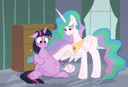 Size: 3000x2022 | Tagged: safe, artist:comfyplum, derpibooru original, character:princess celestia, character:twilight sparkle, character:twilight sparkle (alicorn), species:alicorn, species:pony, ship:twilestia, belly, big belly, blushing, commission, duo, duo female, embarrassed, female, hoof on belly, kicking, lesbian, magical lesbian spawn, mare, multiple pregnancy, nervous, offspring, preglight sparkle, pregnant, proud, shipping, stomach noise, triplets