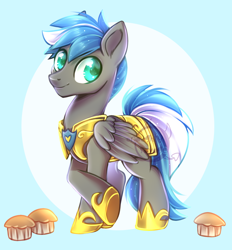 Size: 800x862 | Tagged: safe, artist:cabbage-arts, oc, oc only, oc:cloud zapper, species:pegasus, species:pony, commission, digital art, food, looking at you, male, muffin, simple background, smiling, solo, stallion, watermark