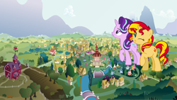 Size: 3852x2176 | Tagged: safe, artist:jerryakira79, character:starlight glimmer, character:sunset shimmer, species:pony, species:unicorn, giant pony, giant starlight glimmer, giant unicorn, giant/macro sunset shimmer, macro, ponyville