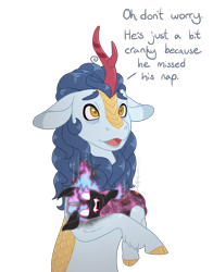 Size: 2200x2800 | Tagged: safe, artist:jackiebloom, oc, oc only, unnamed oc, species:kirin, episode:sounds of silence, g4, my little pony: friendship is magic, baby kirin, baby nirik, bags under eyes, cloven hooves, colored eyebrows, colored hooves, dialogue, eyebrows, floppy ears, foal, kirin oc, nirik, parent and child, simple background, text, tired, transparent background