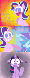 Size: 650x1647 | Tagged: safe, artist:alittleofsomething, character:starlight glimmer, character:trixie, character:twilight sparkle, character:twilight sparkle (alicorn), species:alicorn, species:pony, species:unicorn, episode:no second prances, g4, my little pony: friendship is magic, comic, female, grin, happy, lineless, mare, smiling