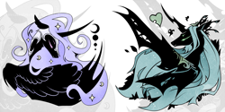 Size: 1653x826 | Tagged: safe, artist:begasus, character:nightmare moon, character:princess luna, character:queen chrysalis, species:alicorn, species:changeling, species:pony, ship:chrysmoon, changeling queen, female, lesbian, mare, shipping