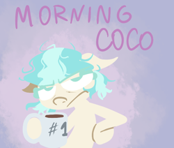 Size: 650x550 | Tagged: safe, artist:alittleofsomething, character:coco pommel, species:earth pony, species:pony, coffee mug, female, grumpy, lineless, mare, messy mane, morning ponies, mug, pun, solo