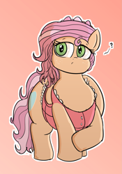 Size: 1443x2062 | Tagged: safe, artist:comfyplum, oc, oc only, oc:claire, species:earth pony, species:pony, apron, bashful, chubby, clothing, crossed legs, cute, cutie mark, fat, female, flank, frown, gradient background, looking away, question mark, simple background, solo, standing, the ass was fat, wide hips