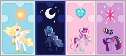 Size: 1280x570 | Tagged: safe, artist:superrosey16, base used, character:princess cadance, character:princess celestia, character:princess luna, character:twilight sparkle, character:twilight sparkle (alicorn), species:alicorn, species:pony, alicorn tetrarchy, alternate design