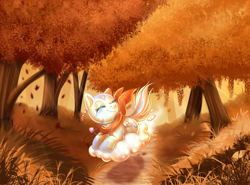 Size: 900x665 | Tagged: safe, artist:cabbage-arts, oc, autumn, clothing, cloud, running of the leaves, scarf, solo, tree