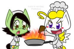 Size: 650x430 | Tagged: safe, artist:alittleofsomething, oc, oc only, oc:alos, oc:ditto, species:earth pony, species:pegasus, species:pony, cooking, female, fire, mare, open mouth, semi-anthro, simple background, transparent background