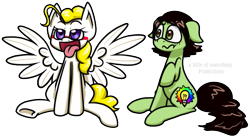 Size: 799x437 | Tagged: safe, artist:alittleofsomething, oc, oc only, oc:alos, oc:ditto, species:earth pony, species:pegasus, species:pony, blushing, female, mare, simple background, spread wings, tongue out, transparent background, wingboner, wings